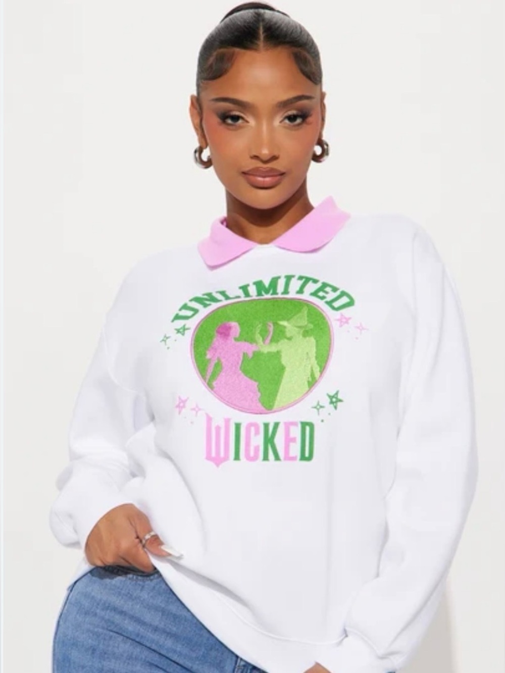 NWT WICKED Sweatshirt with Pink Collar & Green/Pink 'Unlimited Wicked' Graphic